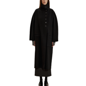 Spring Autumn Custom Single-Sided Wool Luxury Black Wool Coat with High Collar and Button Closure
