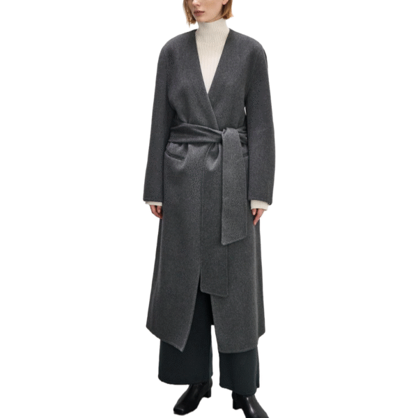 Spring Autumn Custom Single-Sided Wool Custom Elegant Gray Wool Wrap Coat with Belted Waist for Fall/Winter