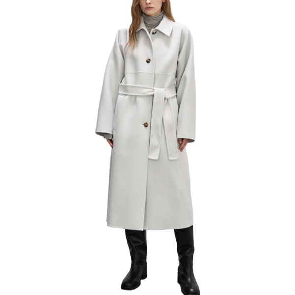 Spring Autumn Custom Single-Sided Wool Luxurious White Wool Cashmere Coat with Belted Waist and Button Detailing - Image 4