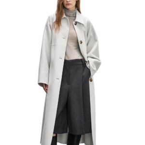 Spring Autumn Custom Single-Sided Wool Luxurious White Wool Cashmere Coat with Belted Waist and Button Detailing