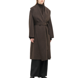 Spring Autumn Custom Velvet Elegant Brown Wool Coat with Belt and Collar Detailing for Women