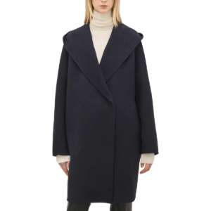 Custom Worsted Spring Autumn Luxury Wool-Velour Hooded Coat for Women – Classic Navy with Tailored Silhouette