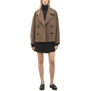 Timeless Brown Double-Breasted Wool Tweed Cropped Jacket with Oversized Fit and Side Pockets for Women