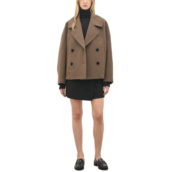 Timeless Brown Double-Breasted Wool Tweed Cropped Jacket with Oversized Fit and Side Pockets for Women