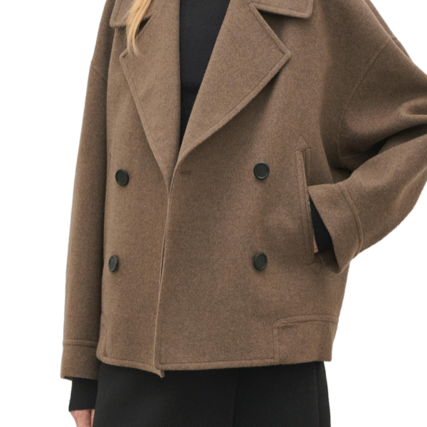 Timeless Brown Double-Breasted Wool Tweed Cropped Jacket with Oversized Fit and Side Pockets for Women - Image 4