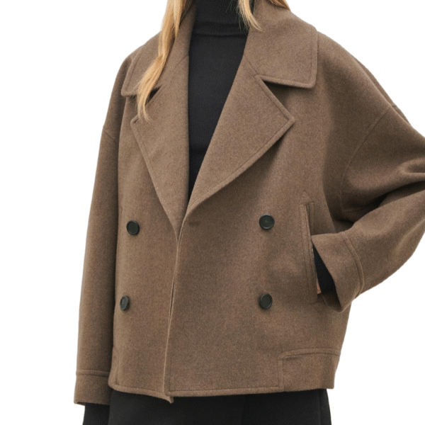 Timeless Brown Double-Breasted Wool Tweed Cropped Jacket with Oversized Fit and Side Pockets for Women - Image 5