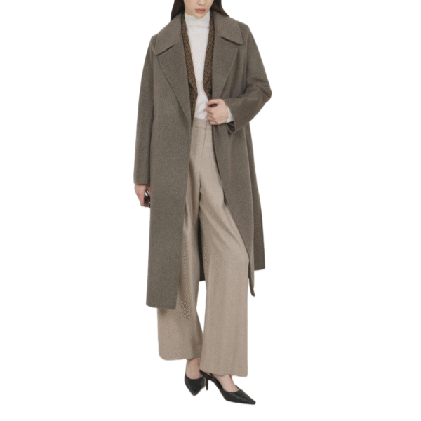 Custom Worsted Spring Autumn Elegant Gray Long Belted Wool Coat with Relaxed Fit and Tailored Silhouette - Image 6