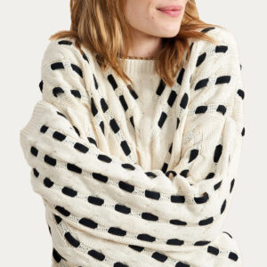 Women Cable Sweater With Contrast Cording Through Feminine Pointelle