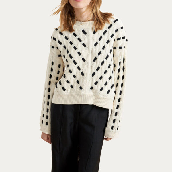 Women Cable Sweater With Contrast Cording Through Feminine Pointelle - Image 3