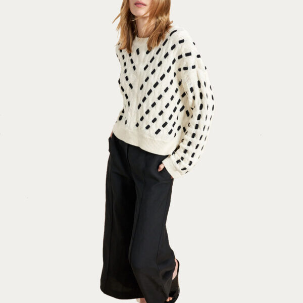 Women Cable Sweater With Contrast Cording Through Feminine Pointelle - Image 5