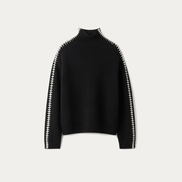 Chunky Knitted Cashmere Wool Blended Turtleneck With Whipstitch Details