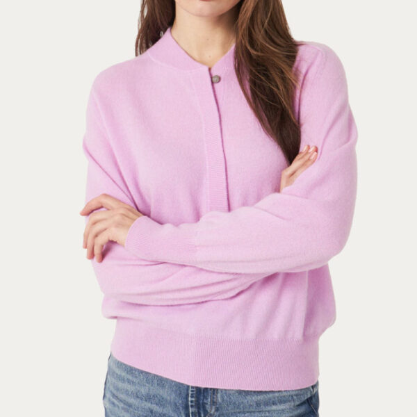 Cashmere Sweater With Ribbed Baseball Collar With Button Placket