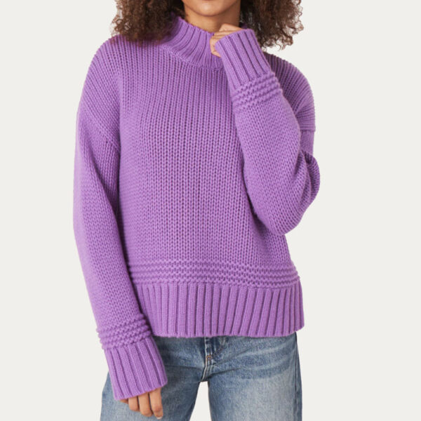 Stand Collar Sweater With Ribbed Hem With Fancy Knit Details - Image 4