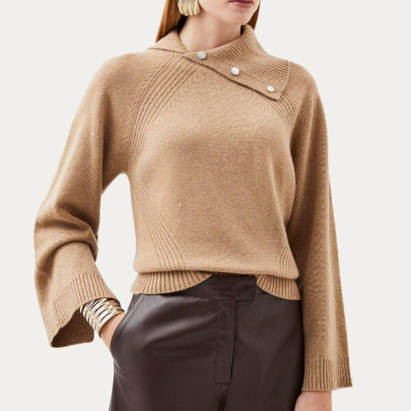 Rolled Envelope Neck Cashmere Knit Jumper With Flared Sleeves - Image 5