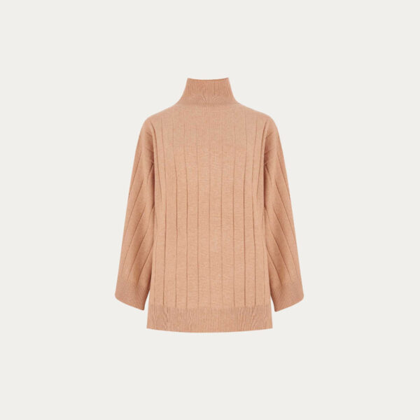 Ladies Rib Knit Cashmere Sweater With Split Sides And Wide-Sleeves
