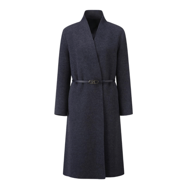 Custom Women’s Minimalist Design Elegant Dark Belted Wrap Coat for Fall/Winter in Wool Cashmere Blend
