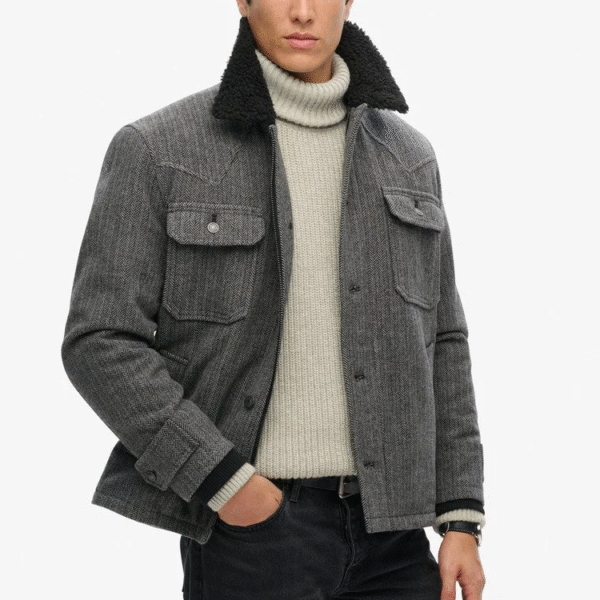 Rugged Refined Men’s Herringbone 100% Merino Wool Jacket with Plush Shearling Collar Chest Pockets - Image 2