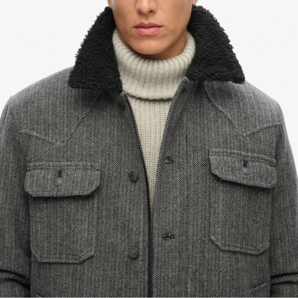 Rugged Refined Men’s Herringbone 100% Merino Wool Jacket with Plush Shearling Collar Chest Pockets - Image 6
