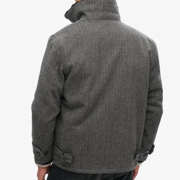 Rugged Refined Men’s Herringbone 100% Merino Wool Jacket with Plush Shearling Collar Chest Pockets - Image 5
