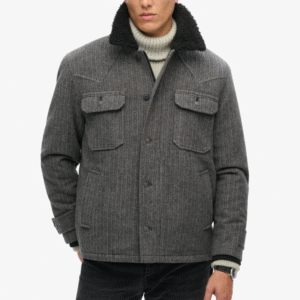 Rugged Refined Men’s Herringbone 100% Merino Wool Jacket with Plush Shearling Collar Chest Pockets