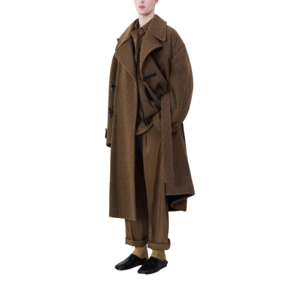 Oversized Silhouette Men’s Wool Duffle Coat with Toggle Fastening and Belt – Warm Luxurious Brown - Image 3