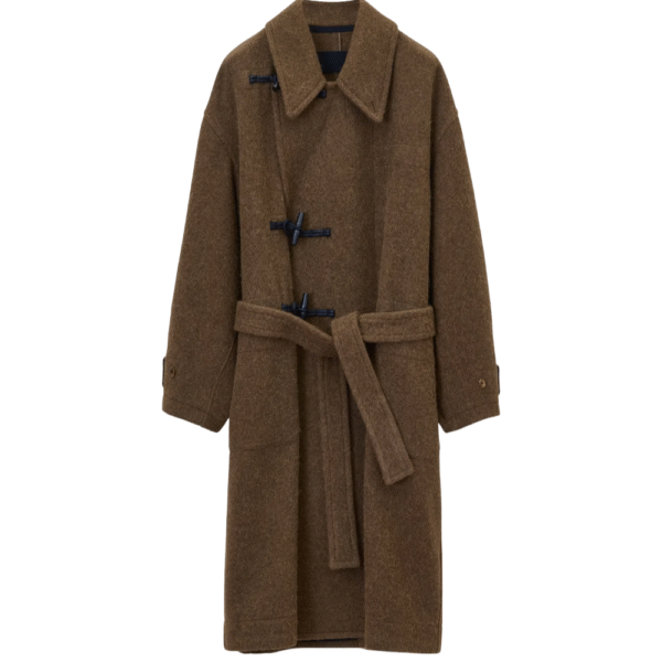 Oversized Silhouette Men’s Wool Duffle Coat with Toggle Fastening and Belt – Warm Luxurious Brown