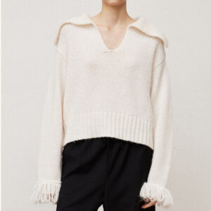 Ladies’ Special Design Alpaca Knitwear with Navy Collar and Tassel Lengthy Sleeves for Women’s Sweaters