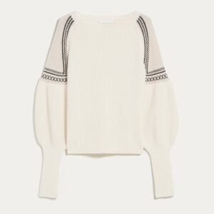 Custom Women’s Cashmere Sweater R-Neck Rib Knitwear with Spliced Jacquard Shoulder Pattern