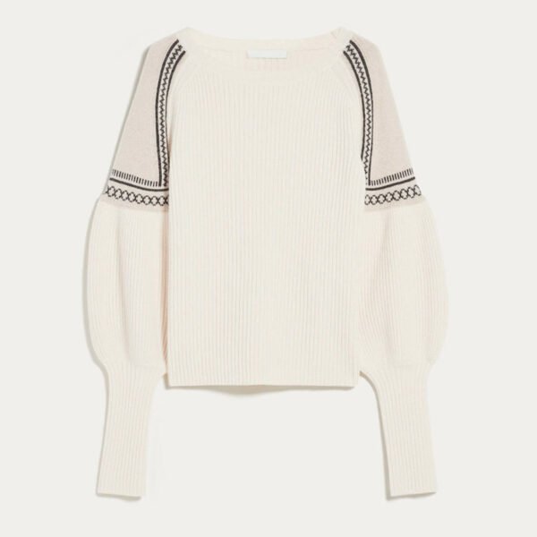 Custom Women’s Cashmere Sweater R-Neck Rib Knitwear with Spliced Jacquard Shoulder Pattern