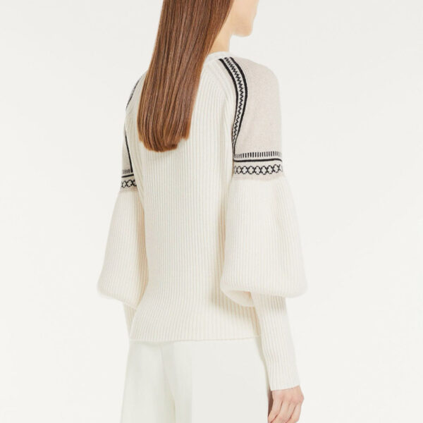 Custom Women’s Cashmere Sweater R-Neck Rib Knitwear with Spliced Jacquard Shoulder Pattern - Image 3