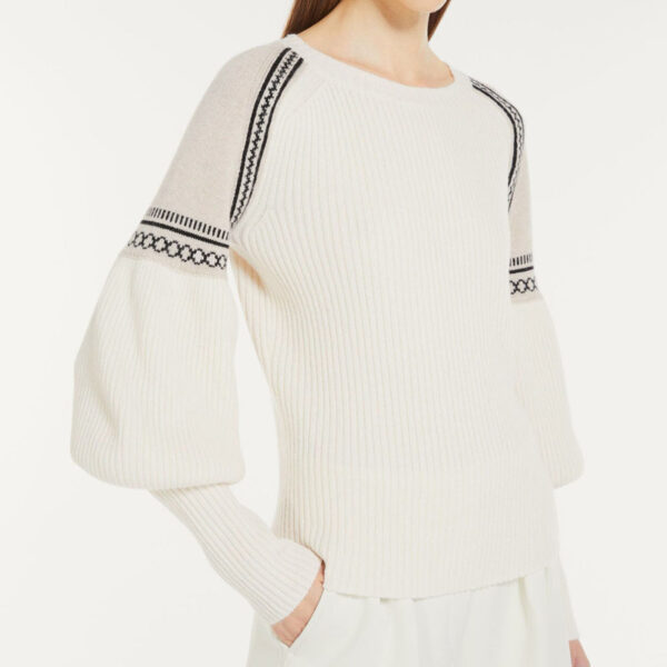 Custom Women’s Cashmere Sweater R-Neck Rib Knitwear with Spliced Jacquard Shoulder Pattern - Image 4