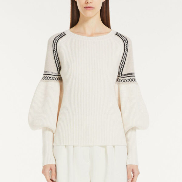 Custom Women’s Cashmere Sweater R-Neck Rib Knitwear with Spliced Jacquard Shoulder Pattern - Image 6