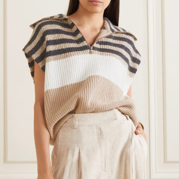High Quality Women’s Tank Tops Ribbed Half-Zip Vest with Maillard Stripes Lapel Knitwear for Women - Image 5