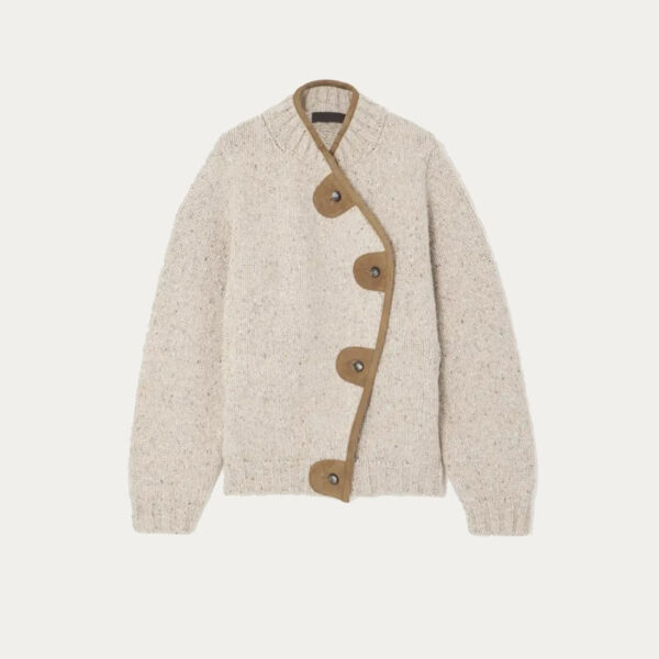 Ladies’ Asymmetric Suede-Trimmed Wool & Cashmere-Blend Jersey Cardigan High Quality Women’s Knitwear Sweater