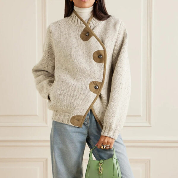 Ladies’ Asymmetric Suede-Trimmed Wool & Cashmere-Blend Jersey Cardigan High Quality Women’s Knitwear Sweater - Image 5