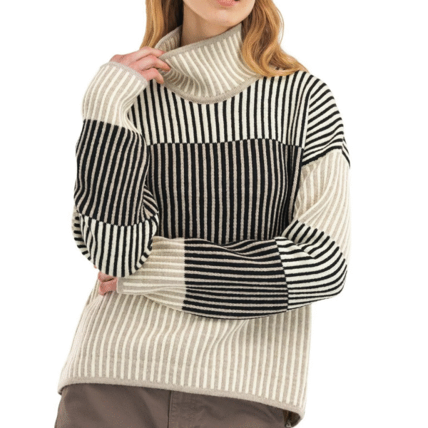 Ladies’ Pure Wool Melange Color Vertical Striped Turtle Neck Pullover with Off shoulder - Image 3