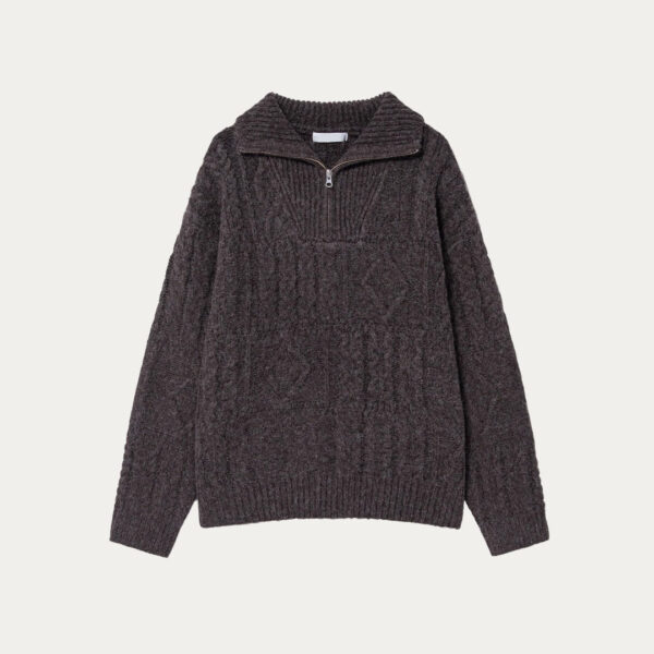 High Quality 100% Alpaca Half Zipper Cable knitted Jumper with Ribbed Turndown Collar for Women’s Top Knitwear - Image 5