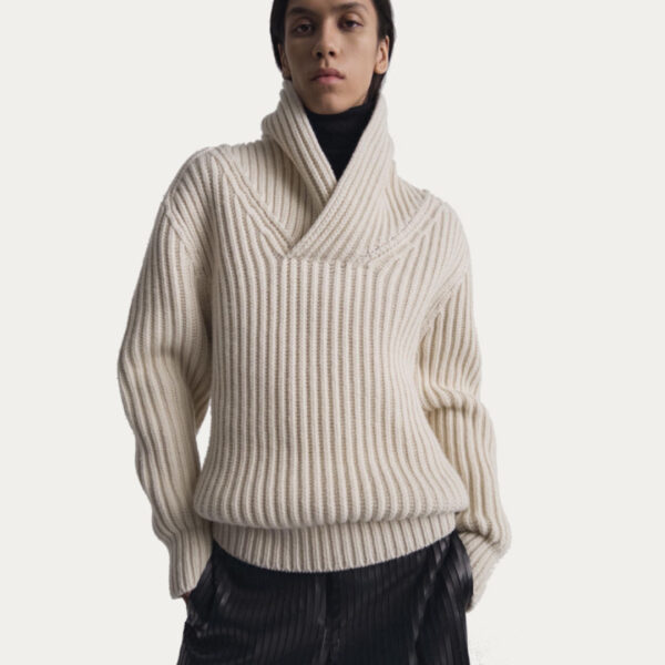 Pure Color Horizontal & Vertical Ribbing Knitwear For Women’s Top Sweater with Big Lapel - Image 2