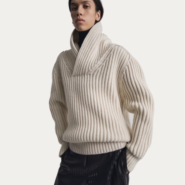 Pure Color Horizontal & Vertical Ribbing Knitwear For Women’s Top Sweater with Big Lapel - Image 3