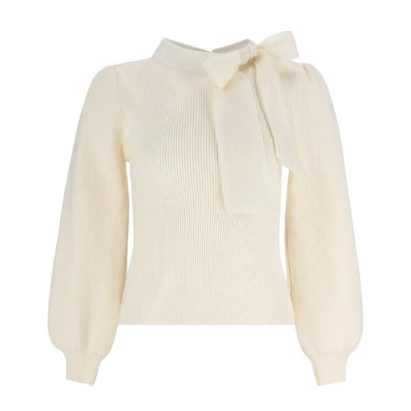 Ladies’ 100% Cotton Rib Knitting Crew Neck Pullover with Bow Tie for Women’s Top Sweater - Image 2