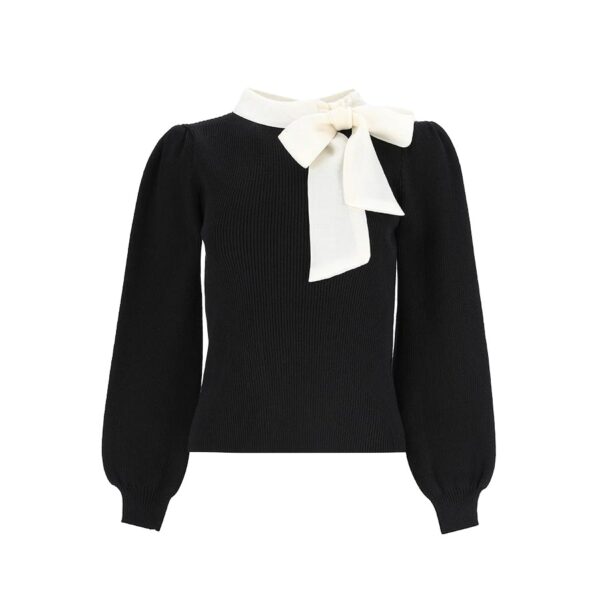 Ladies’ 100% Cotton Rib Knitting Crew Neck Pullover with Bow Tie for Women’s Top Sweater - Image 3