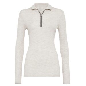 Ladies’ Solid Color Cashmere & Wool Blended Rib Knitting Half-Zipper Pullover
