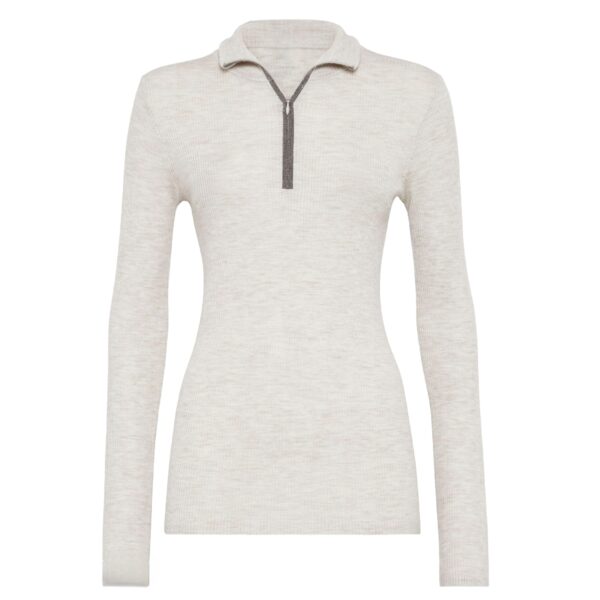 Ladies’ Solid Color Cashmere & Wool Blended Rib Knitting Half-Zipper Pullover