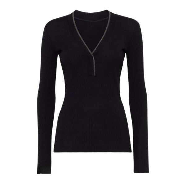 Ladies’ Regular Length Pure Wool rib Knitted Long Sleeved V-Neck Jumper Top Sweater - Image 2