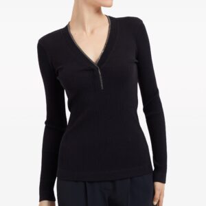 Ladies’ Regular Length Pure Wool rib Knitted Long Sleeved V-Neck Jumper Top Sweater