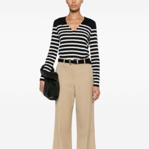 Ladies’ Pure Wool Plain Knitting Deep V-neck Stripe Jumper Top Sweater