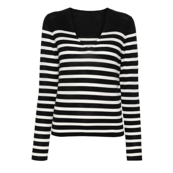 Ladies’ Pure Wool Plain Knitting Deep V-neck Stripe Jumper Top Sweater - Image 3