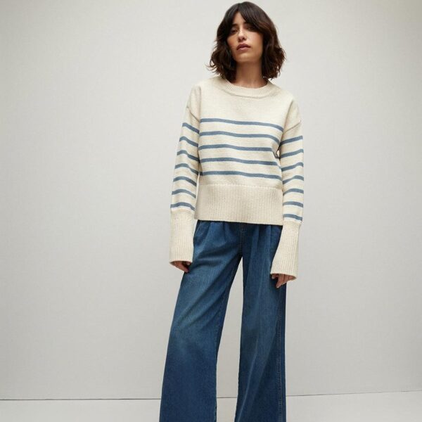 Women’s 100% Cotton Plain Knitting Round Neck Long Sleeved Stripe Jumper - Image 3