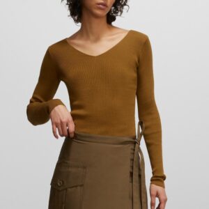 Women’s High Quality 100% Cotton Ribbed Knitting Wide-V neck Jumper Top Sweater