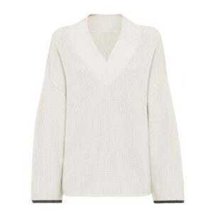 Ladies’ Pure Cotton Half Cardigan Stitched V-neck Drop Shoulder Pullover Knitwear Top